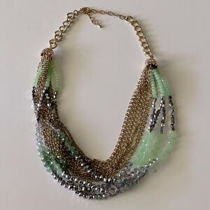 Green gold links chunky necklace, fashion beaded shiny, multicolored